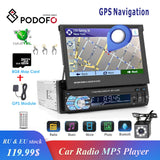 Podofo 1Din Car Stereo Radio GPS Navi 7" HD Retractable Screen MP5 Player Bluetooth Autoradio Mirror Link Radios Tape Recorder