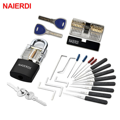 NAIERDI Practice Lock Pick Set Transparent Visible Copper Padlock Locksmith Supplies For Training Skill Hand Tools Hardware.